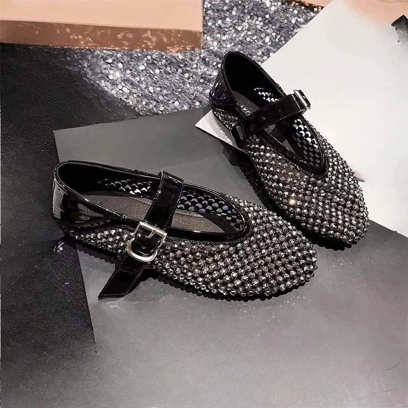 Sandali con punta tonda da donna Nuova rete da pesca con diamanti pieni di strass Scavata su una parola Mary Zhen Baotou Scarpe singole piatte