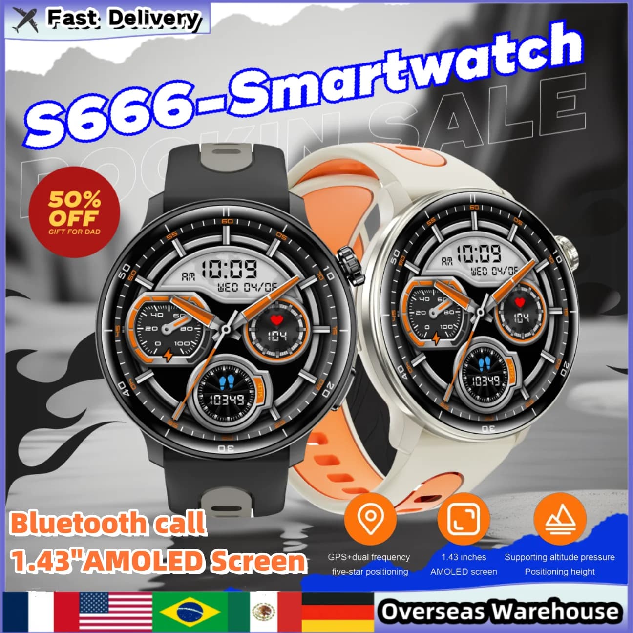 S666 Orologi intelligenti Chiamata Bluetooth Schermo AMOLED HD da 1,43 pollici Orologi GPS online Smartwatch esterno Pressione di altitudine Avvisa Orologio regalo
