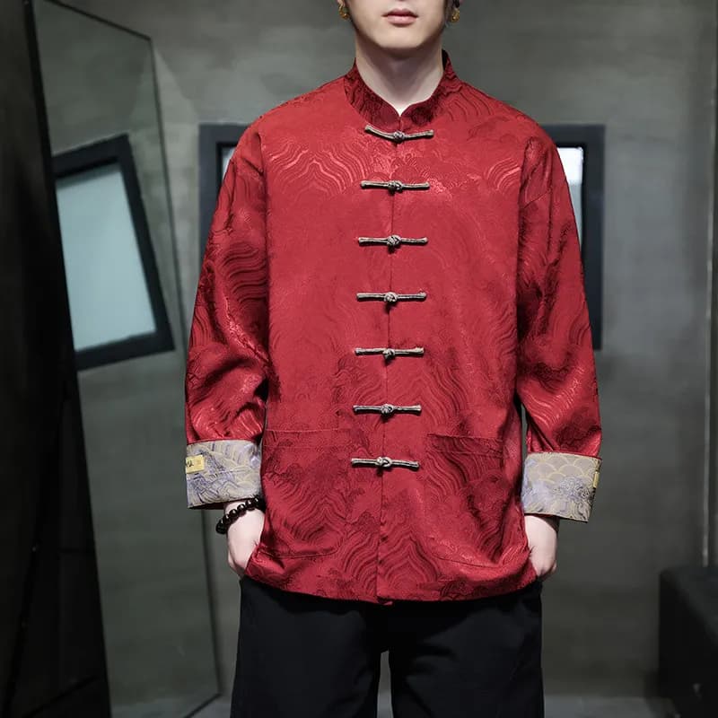 Shirt Long Jacket Men's Style Red Chinese, Top Fashion Casual Spring, Hanfu Men's Clothing Standard Floral