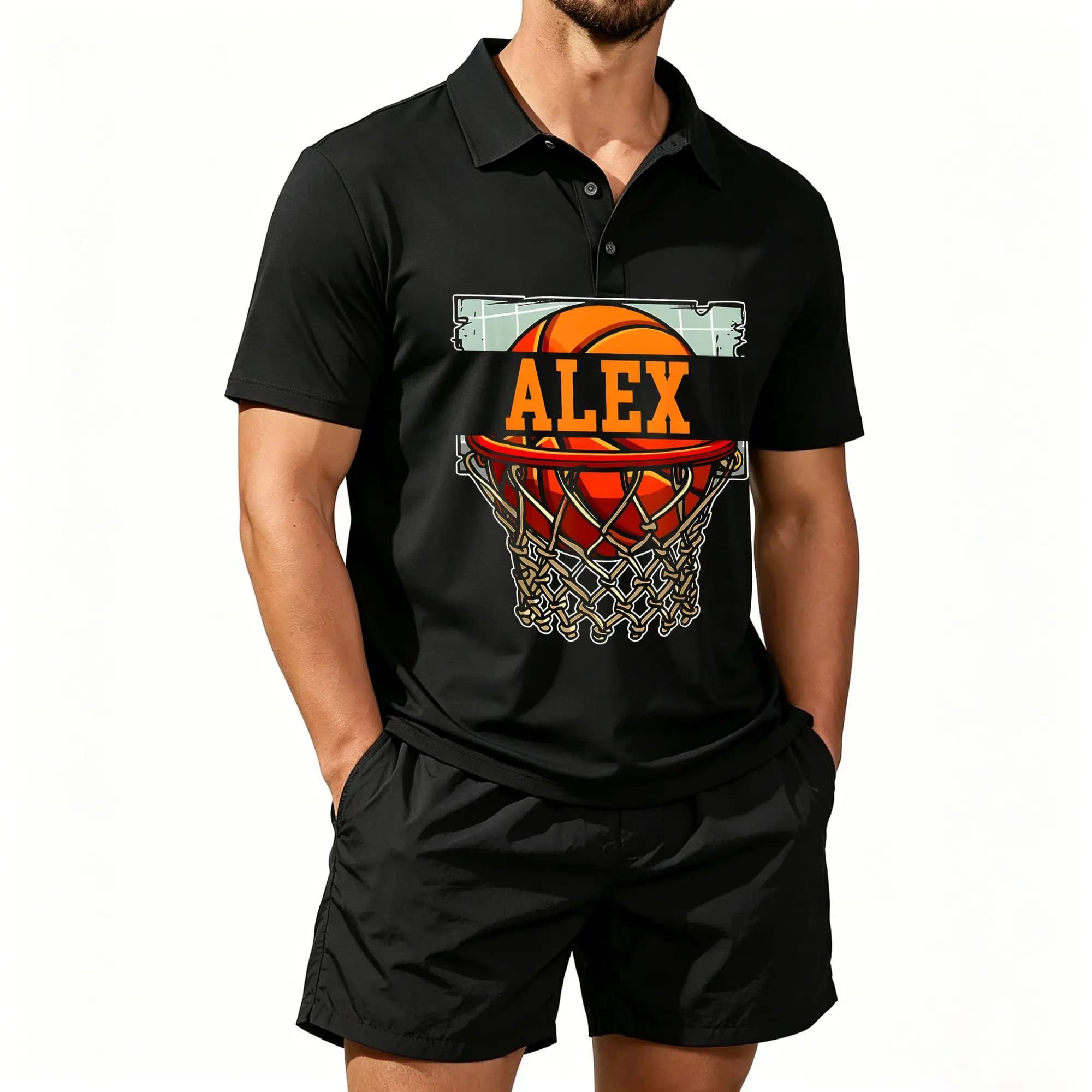 Men's Polo Shirt and Beach Shorts Set, Customizable with Name, Basketball Theme, Casual and Comfortable Fit, Well-Tailored