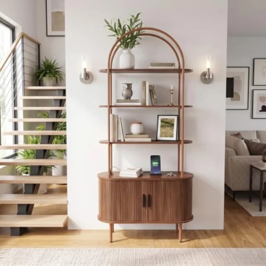 71 Mid Century Modern Arched Bookshelf with Cabinet: walnut finish, warm brown, open shelving + concealed storage