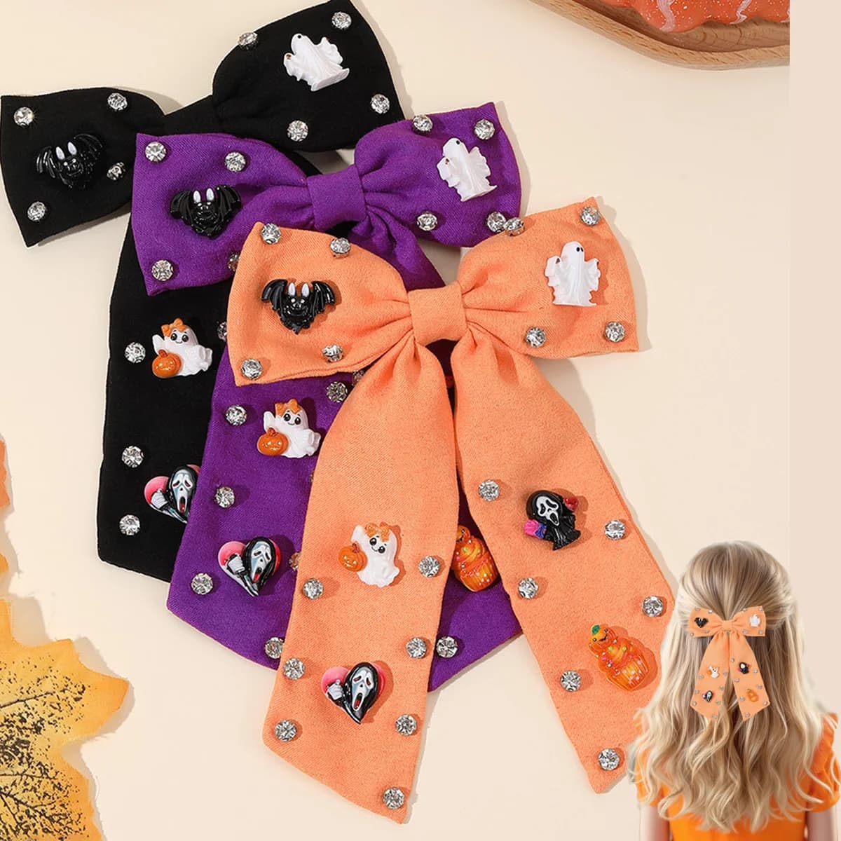 Halloween Bow Hair Clips Cartoon Ghost Bat Hairpins Pumpkin Rhinestone Barrette Girls Children Gothic Headdress Hair Accessories