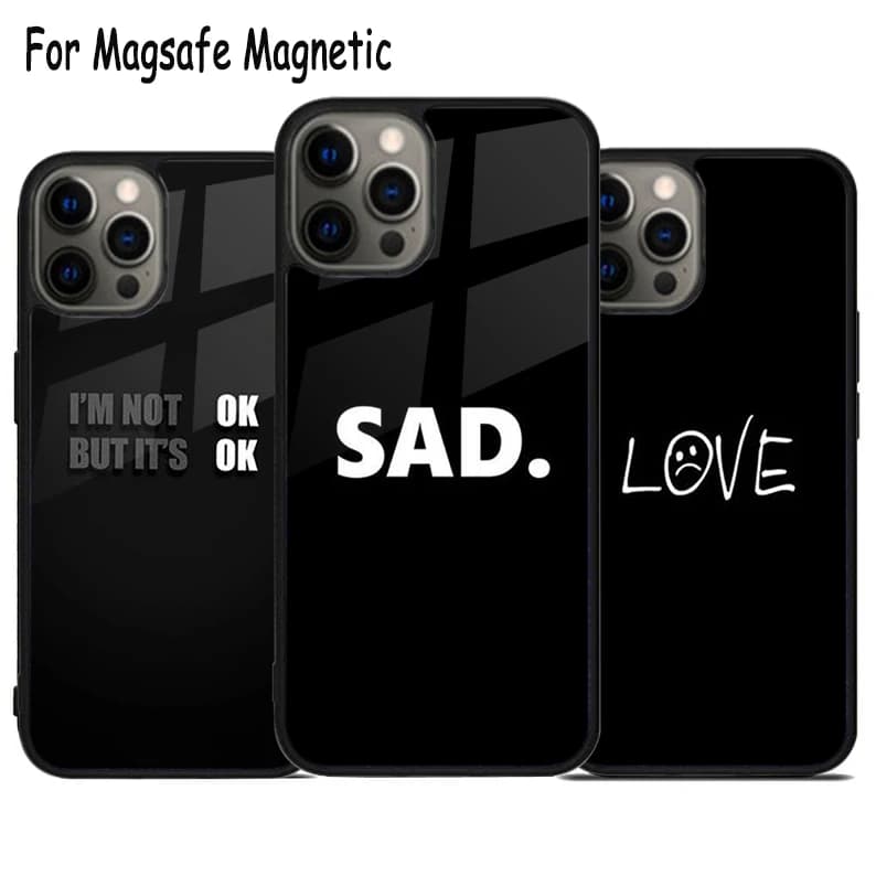 Cover Magnetica Wireless Magsafe con Ricarica Wireless per iPhone 17 Air 15 16 16e 14 13 11 12 Pro Max Plus - Design Nera con Scritta 'Sad Depression'