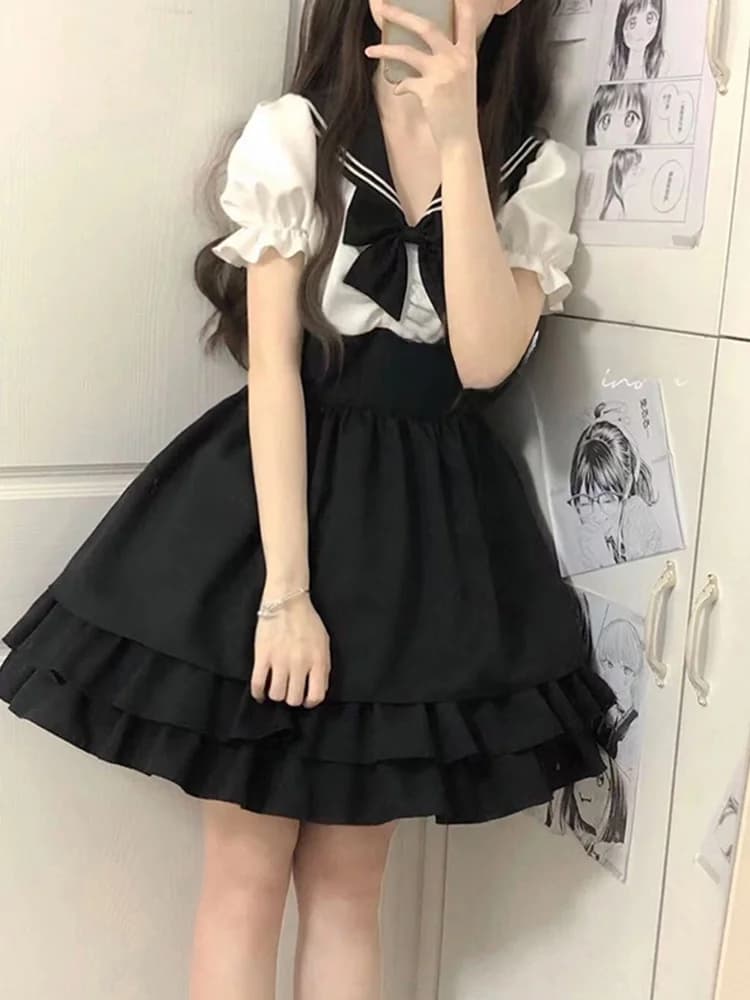 Set gonna Lolita stile principessa estivo con vestito JSK alla moda con bretelle, gonna corta a vita alta, maniche a lunghezza normale