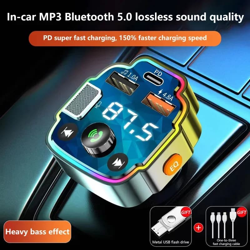 Trasmettitore FM per lettore MP3 Bluetooth per auto con audio HD Lossless, lettore di schede SD doppio USB e chiamate in vivavoce per tutte le auto
