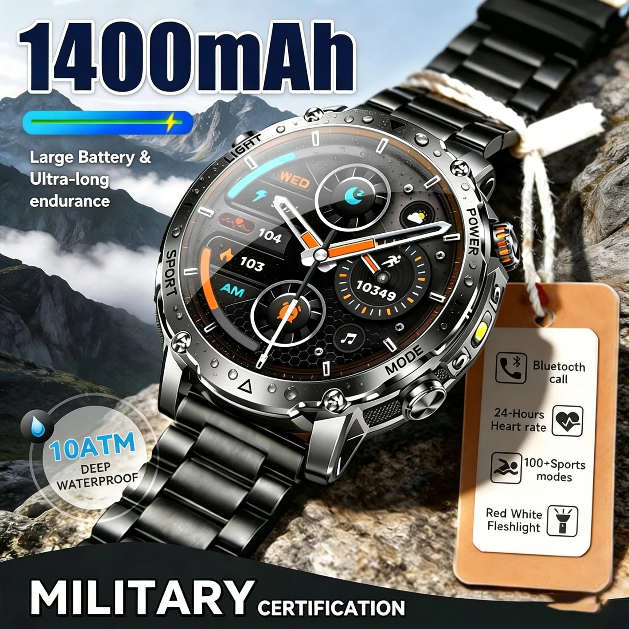 2026 New Durable 1400mAh Large Battery Men Smart Watch Men 1.7" HD Screen IP68K Waterproof LED Flashlight BT Call Smart Bracelet