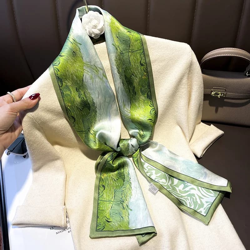 100% Mulberry Silk Painting Print Silk Scarf Women Long Neckerchief Luxury Satin Neck Scarves Fashion Headband Bag Accessories
