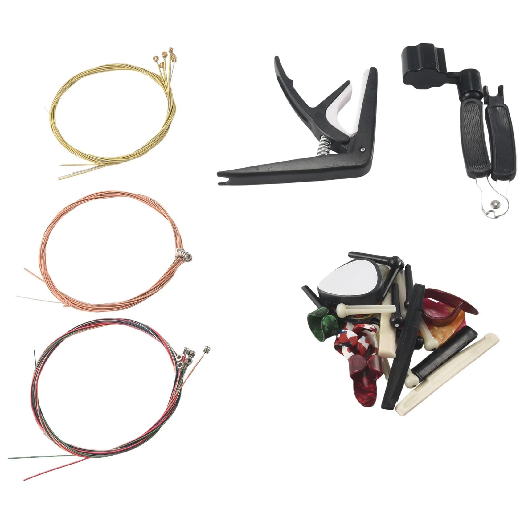 Kit di accessori per chitarra da 34 pezzi, comprese plettri per chitarra, cotta, corde per chitarra acustica, avvolgitore per corde 3 in 1, perni per ponte, 6 strisce