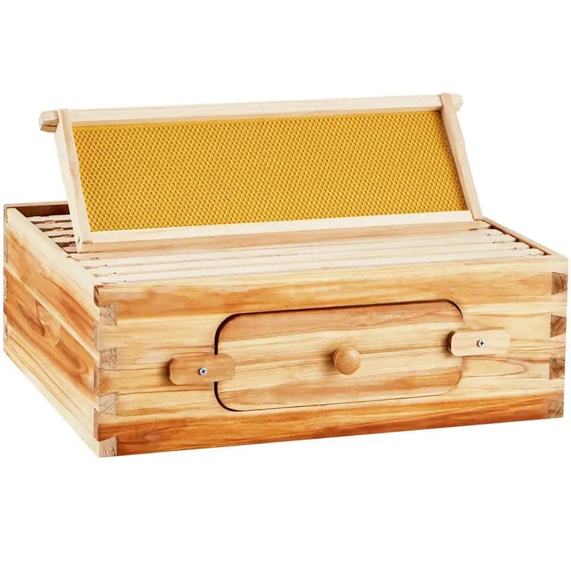 Natural Fir Wood Honey Super 19-7/8" x 16-1/4" x 6-5/8" For Apiary Backyard Orchard, Langstroth Hive 10 Frames Foundations Beeswax Coated Transparent Observation Windows Medium Size Professional Beekeeping Equipment