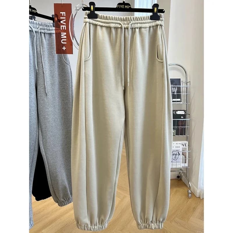 Fashionable Elastic Waist Drawstring Pleated Loose Leggings Sweatpants for Women Autumn Sports Casual Harem Pants