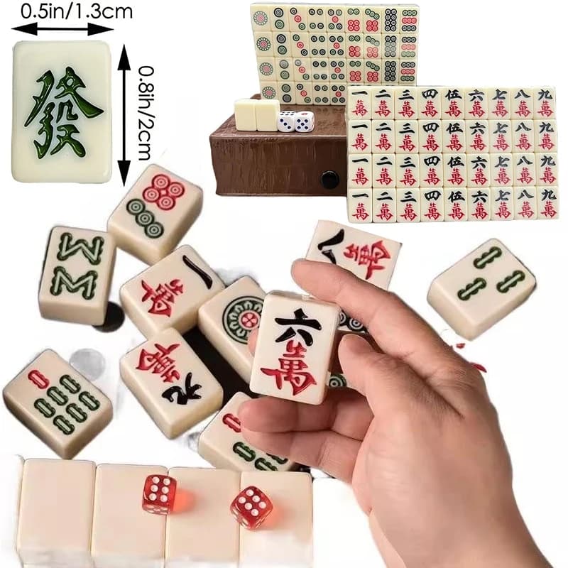Mini Set Mahjong Cinese Numerato 144 Tessere, Gioco Portatile con Scatola in Fibra di Legno, Divertente per Riunioni Familiari e Campeggio