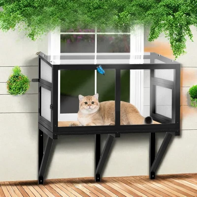 Wooden balcony cat window box window perch courtyard outdoor cat fence insect line grid wooden cat drying table