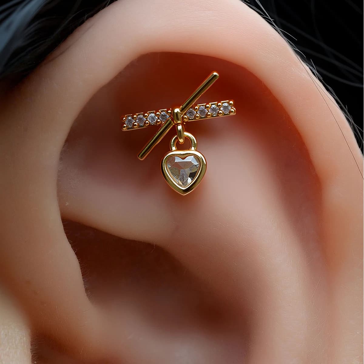 1 pair of stainless steel lobe earrings with zircons, cross shape and heart, for cartilage piercing, helix, trago, conch, rook, for woman.