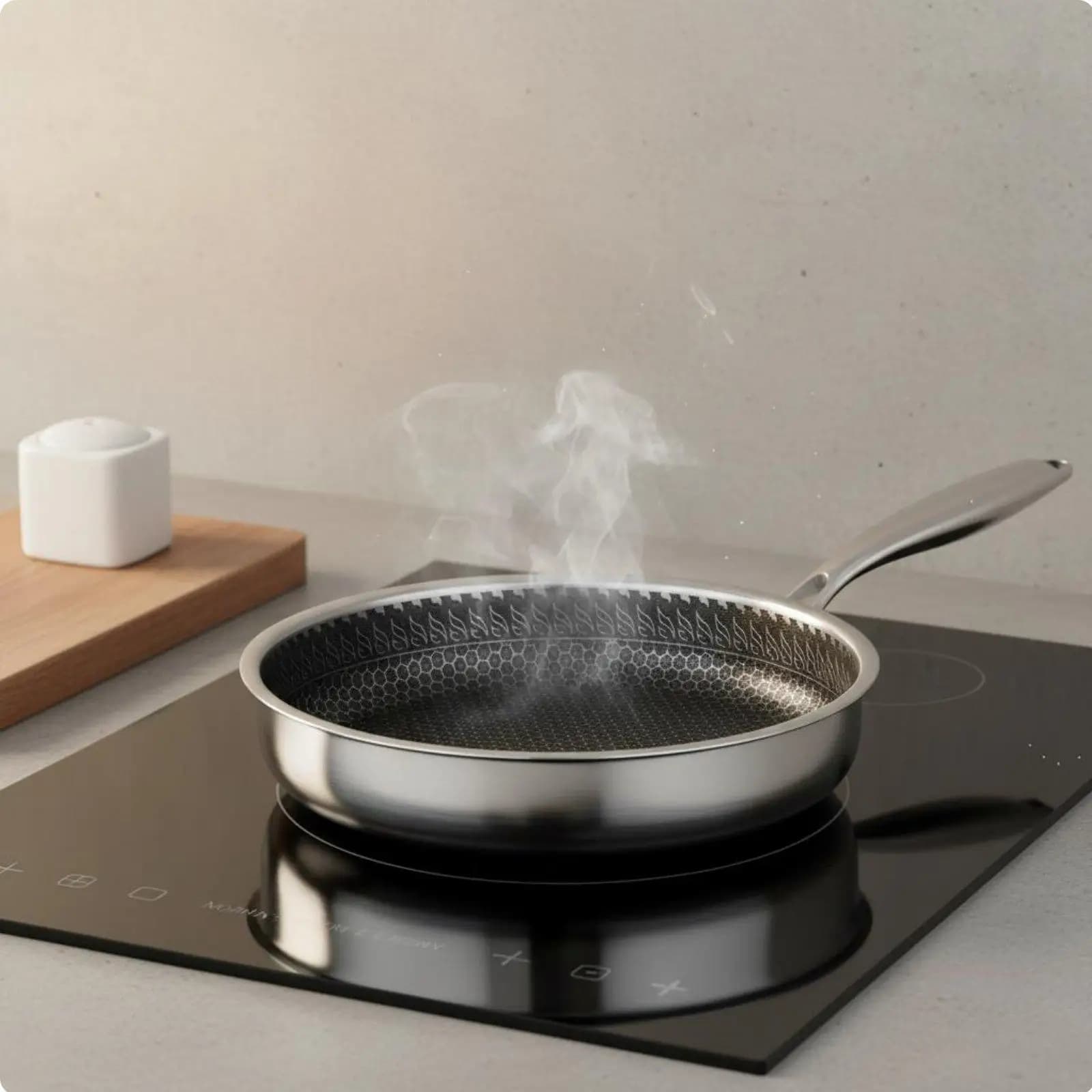 26cm Nonstick Frying Pan Honeycomb Stainless Steel Skillet with Lid Healthy Smokeless Cookware for Family Kitchen Cooking