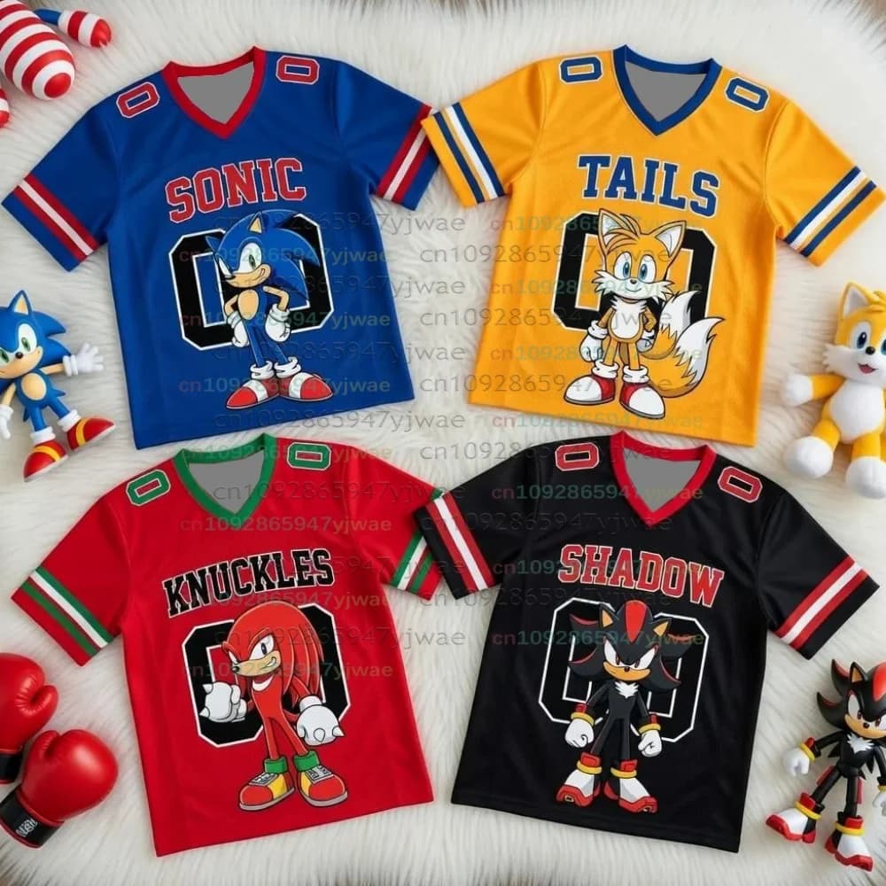 Maglie da calcio Sonic personalizzate per adulti/bambini T-shirt sportive estive con scollo a V Abbigliamento cosplay Sonic T-shirt da calcio per bambini