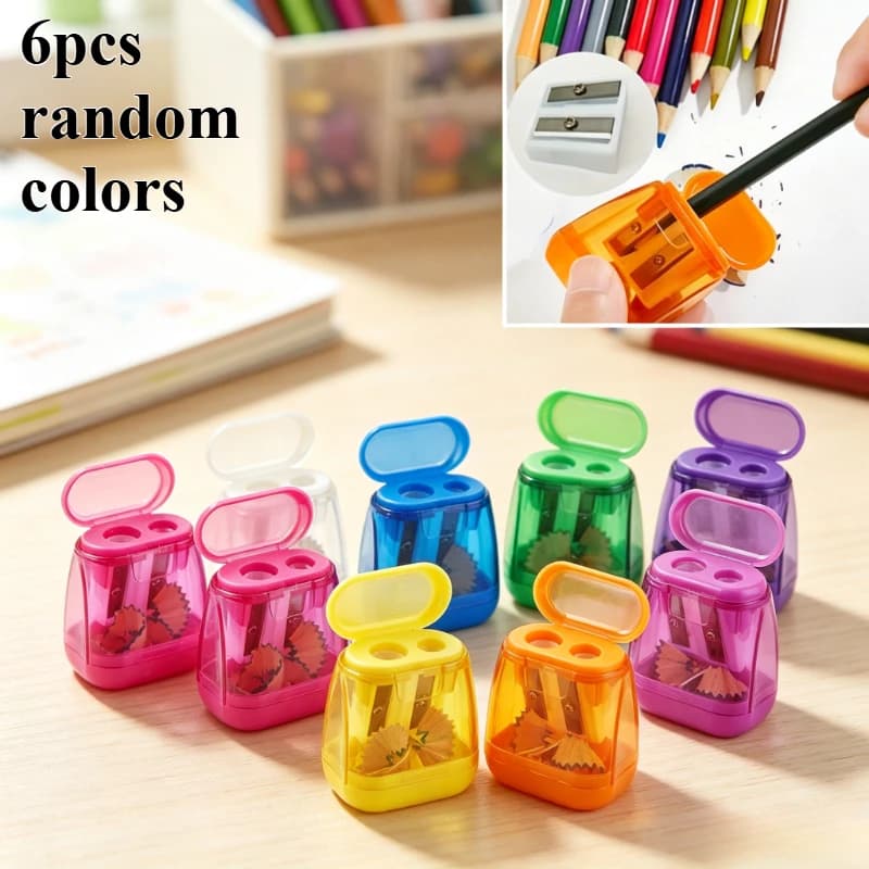 6pcs Dual-Hole Pencil Sharpener Set with Storage Box, Random Color, Manual Pencil Sharpener
