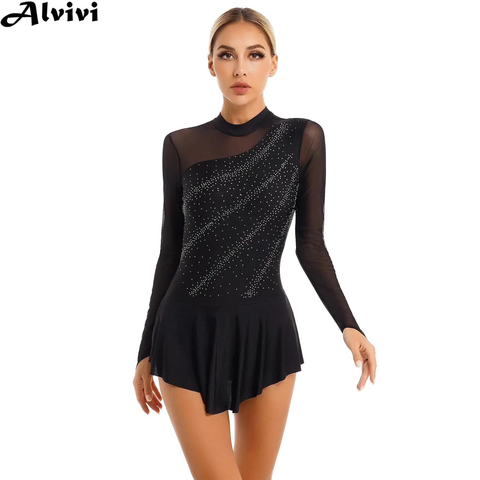 Abito da ballo per pattinaggio su ghiaccio da donna, danza lirica, balletto, ginnastica, body, tutù, manica lunga, maglia lucida, strass, abbigliamento da ballo