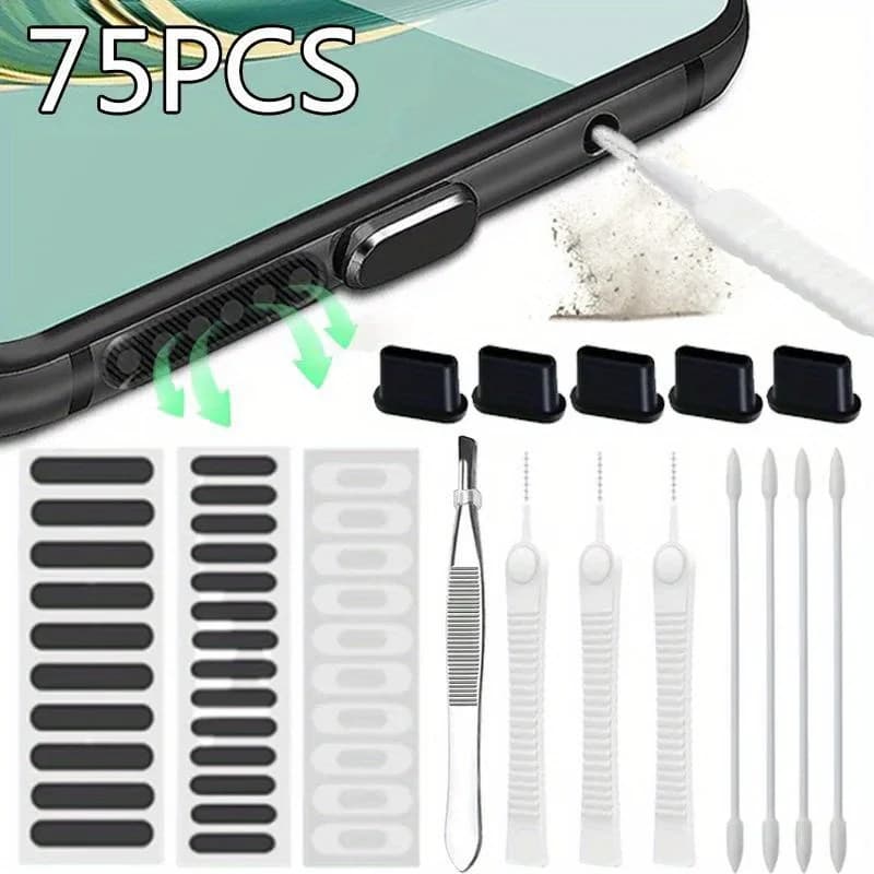 75-piece phone charging port cleaning kit for iPhone/Samsung/Xiaomi Type C/speaker, dust cap and network cleaning tool