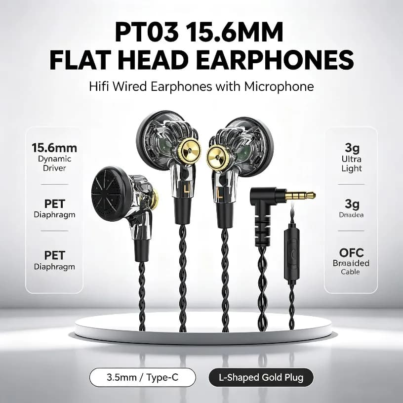 Flat Head Earphones 15.6mm Large Driver Wired Earbuds HiFi Music Headset With Microphone for iPhone Android PC Gaming