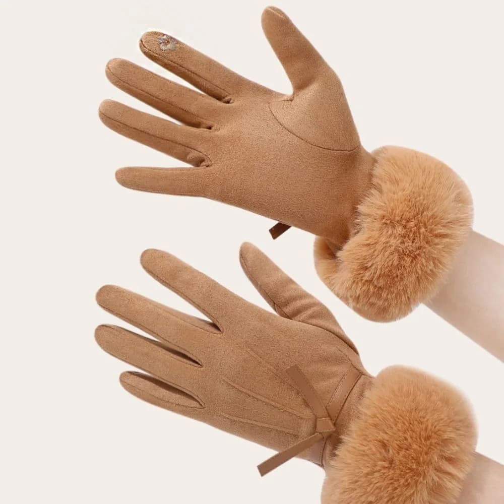 Cute Velvet Winter Suede Gloves Bow Soft Pu Leather Gloves Solid Color Thick Women Cycling Mittens