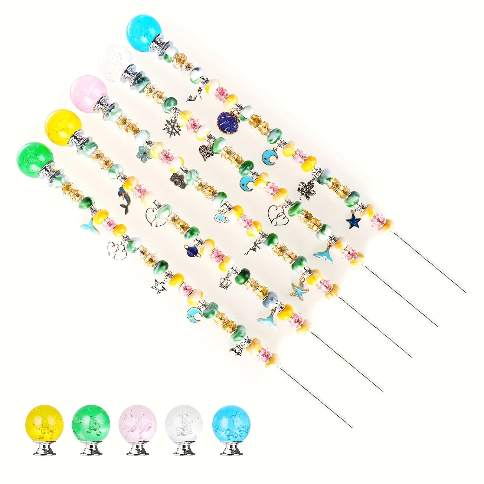 5 sets of DIY fairy wand fairy magic wand bead string garden wooden stake plant stake kits - 5 round crystal tops, 25 decorative droplets, 100 beads, 5 stainless steel threaded rods and 5 nuts, very suitable for outdoor decoration and flower pots and flow