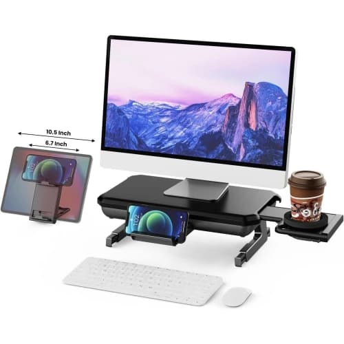 Supporto Regolabile in Altezza per Laptop e Monitor o Scrivania con Portabicchieri, Supporto per Tastiera e Porta Penne
