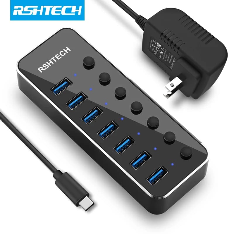 Hub USB 3.0 RSHTECH Espansore a 7 porte Splitter USB per trasferimento dati da 5 Gbps con interruttori on/off individuali e adattatore di alimentazione 5 V/2 A