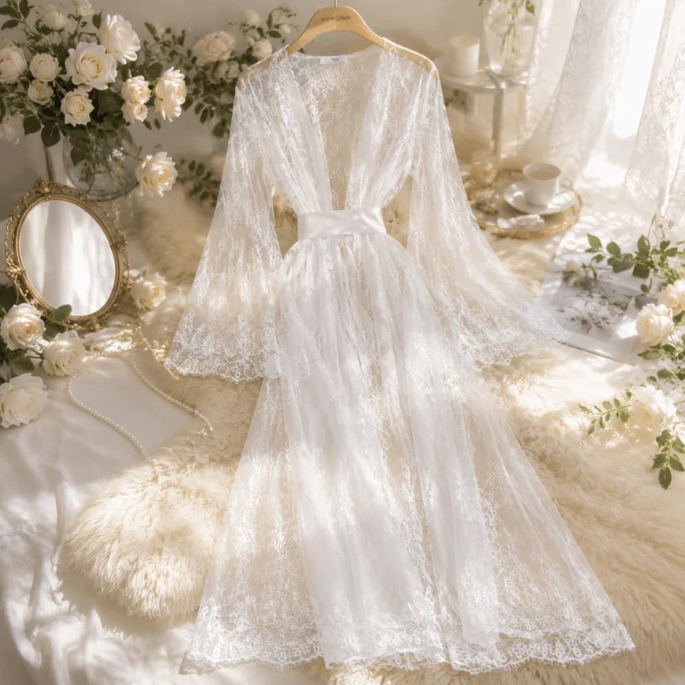 Elegant Long Sleeve Long Lace Robes Hollow Out Nightdress Sheer Robes Dress Transparent Ultra-thin Bridal Robe Appointment