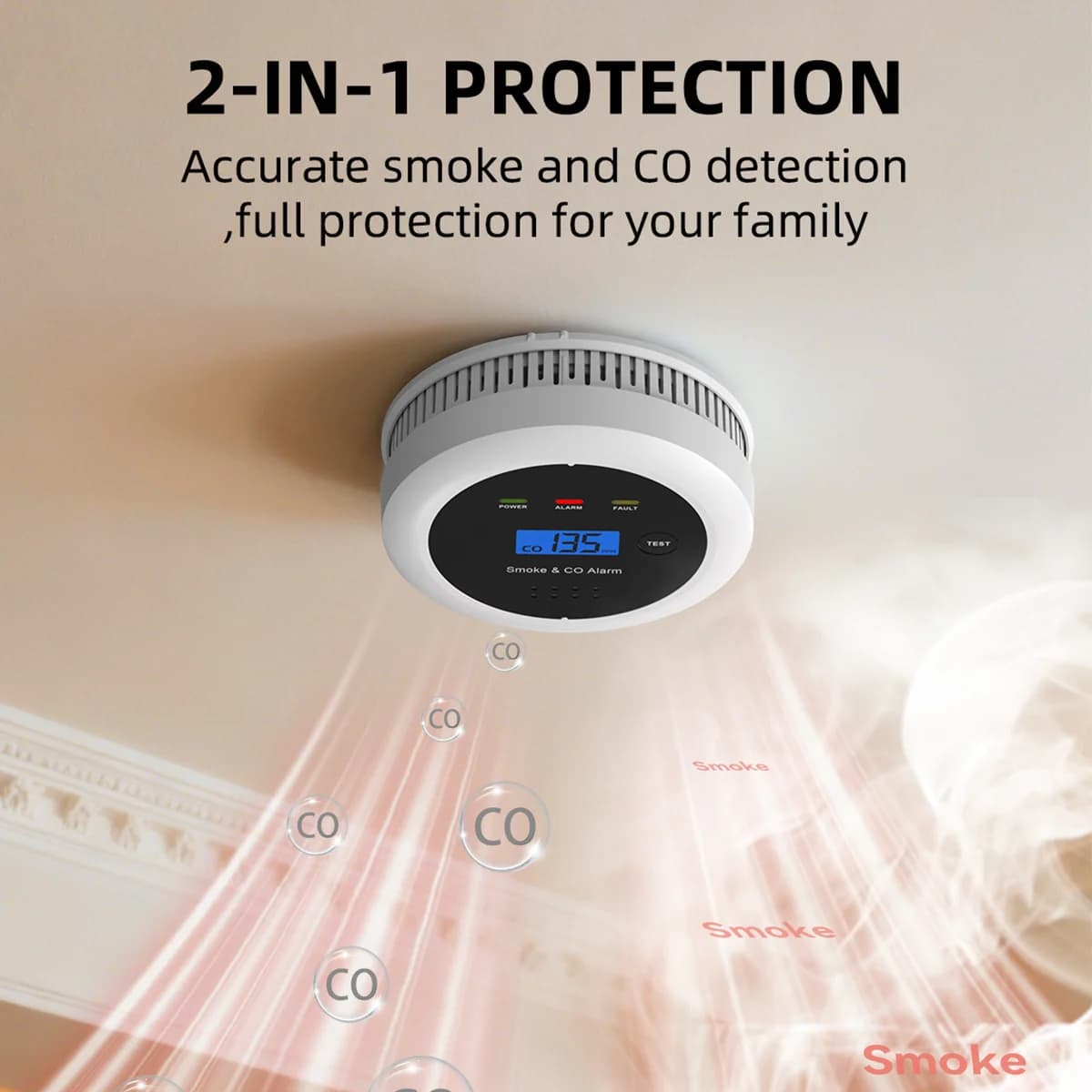 CHZHVAN Rilevatore di Fumo e Monossido di Carbonio 2 in 1, Allarme Antifumo con Display, Allarme 85dB, Allarme Antincendio per Cucina, Casa