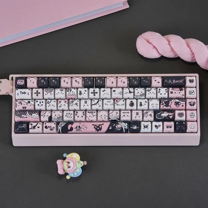 Cute Cat Mechanical Keyboard Keycap Set MOA Height PBT Material Black Pink Theme Heat-Transfer Design for Gaming And Typing