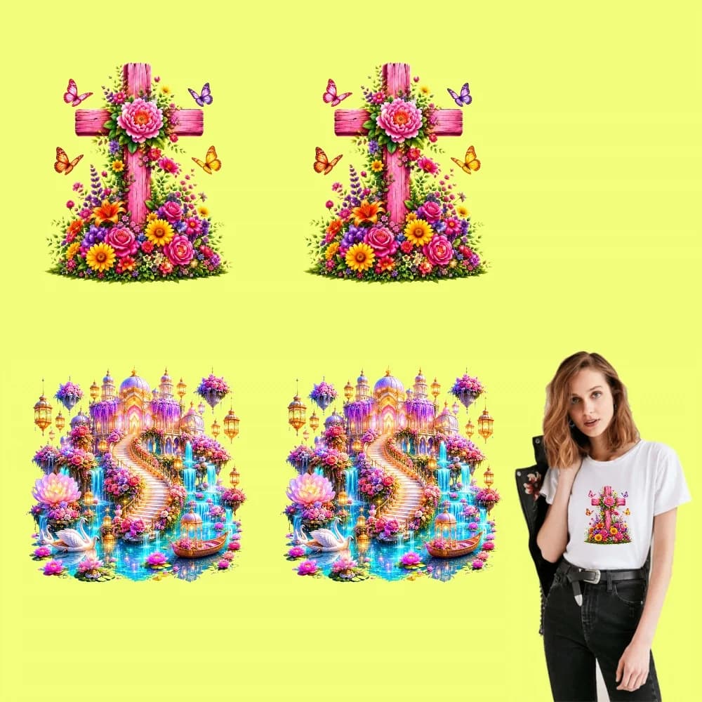 4PCS DIY iron on transfers,9.84in,Floral Cross Fantasy Castle Easy to transfer heat,suitable for T-shirts, washable stickers