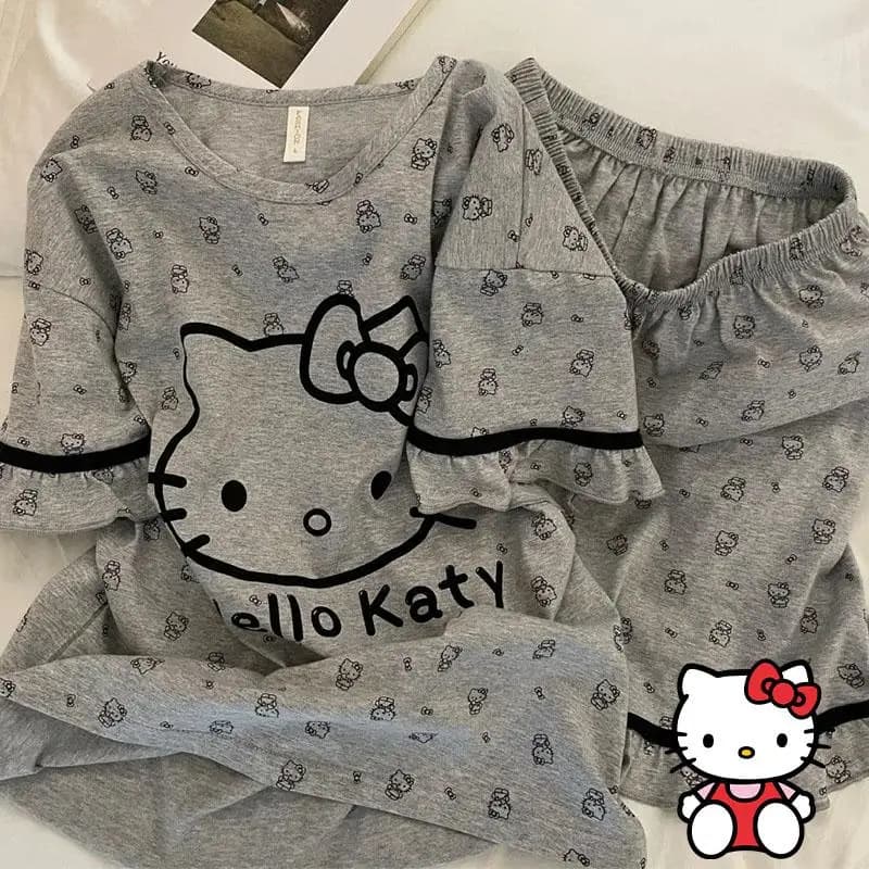 2 pezzi Hello Kittys pigiama set anime pantaloncini estivi a maniche corte da donna Kawaii ragazze loungewear carino allentato sottile vestiti per la casa regalo