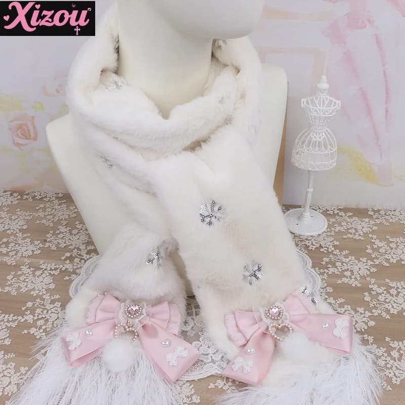 Dolce Lolita da donna giapponese fatta a mano Produzione di massa Arco Palla di pelo Amore Bordo in pizzo Sciarpa soffice Sciarpa calda Ragazza morbida invernale