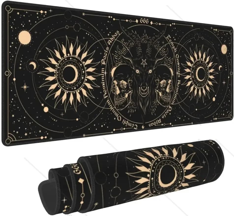 Mouse mat with sun and moon gothic skull, large game mouse mat, oversize XL desk mat, sewn edges, 31.5 x 11.8 inch