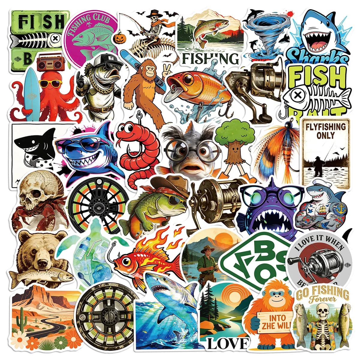 10/50PCS Outdoor Fishing Stickers Decals Decoration Scrapbook Suitcase Luggage Motorcycles Bike Waterproof Graffiti Sticker