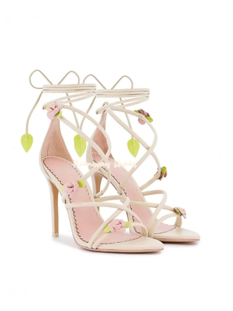 Sandali Rosa con Tacco a Spillo, Punta Affusolata, Decorazioni Floreali Sexy, Cinturino alla Caviglia, Stile Estivo di Lusso, Tacco Alto, Stile Lolita 2026