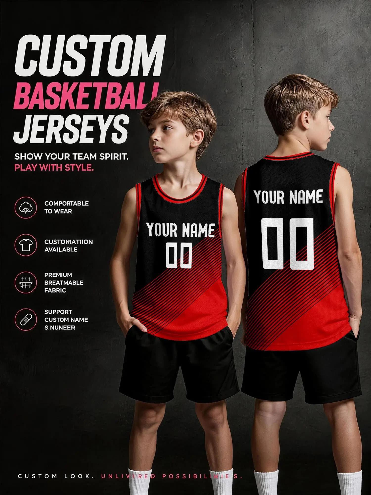Custom Black‑Red Diagonal Stripe Basketball Jersey, Adult & Kids Team Uniform, Print Name Number