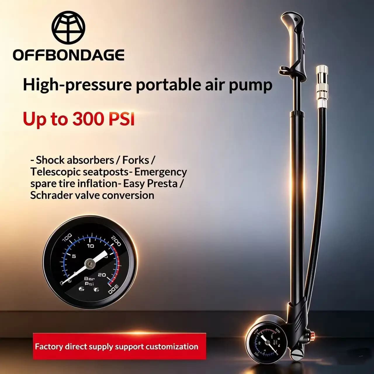 Pompa per Bicicletta OFFBONDAGE 300PSI con Manometro, Gonfiatore Manuale in Lega di Alluminio CNC per Valvole Schrader e Presta AV FV