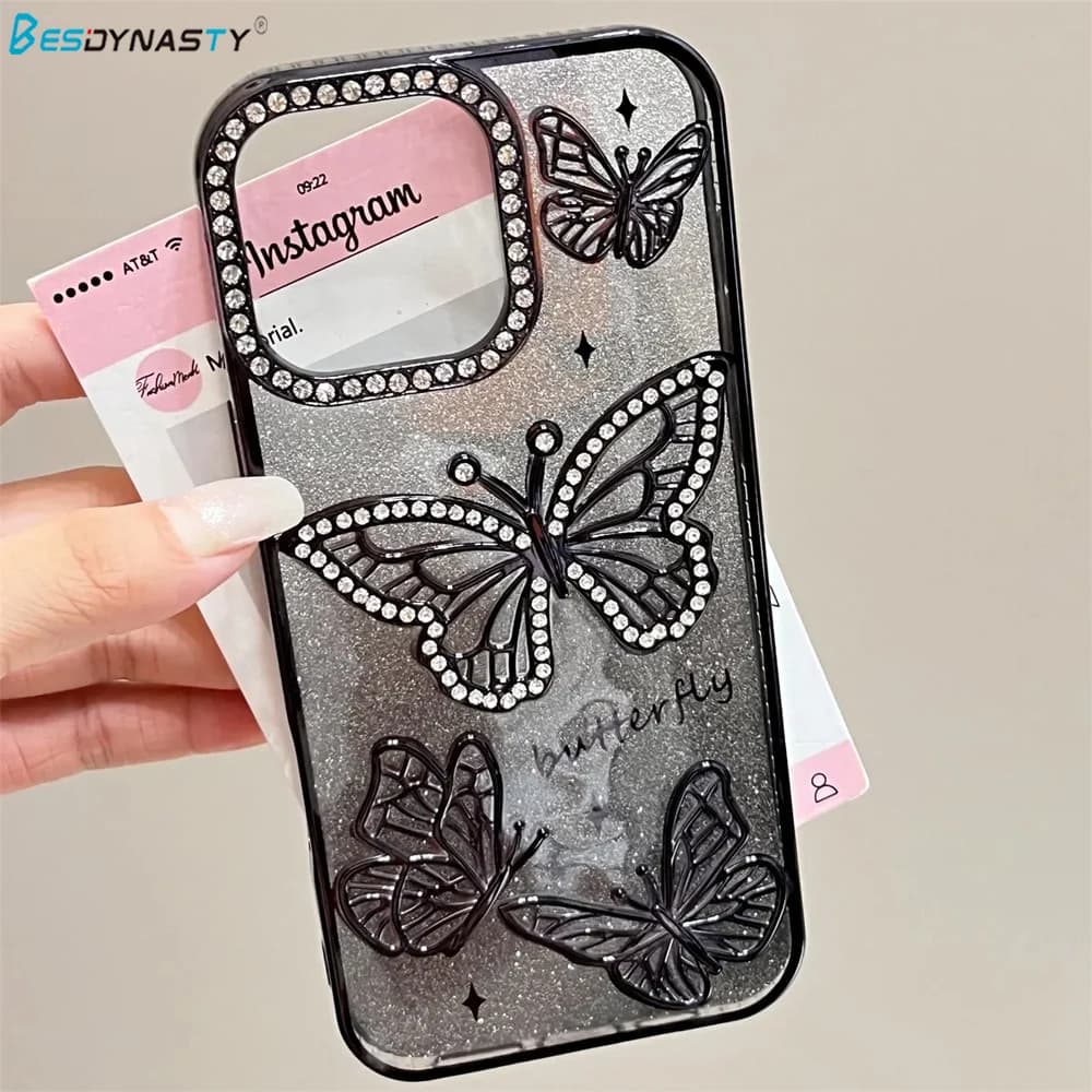 Custodia di lusso con diamante a farfalla 3D per iPhone 16 Pro 15 14 13 12 11 Pro Max Plus Custodia morbida antiurto con placcatura sfumata glitterata