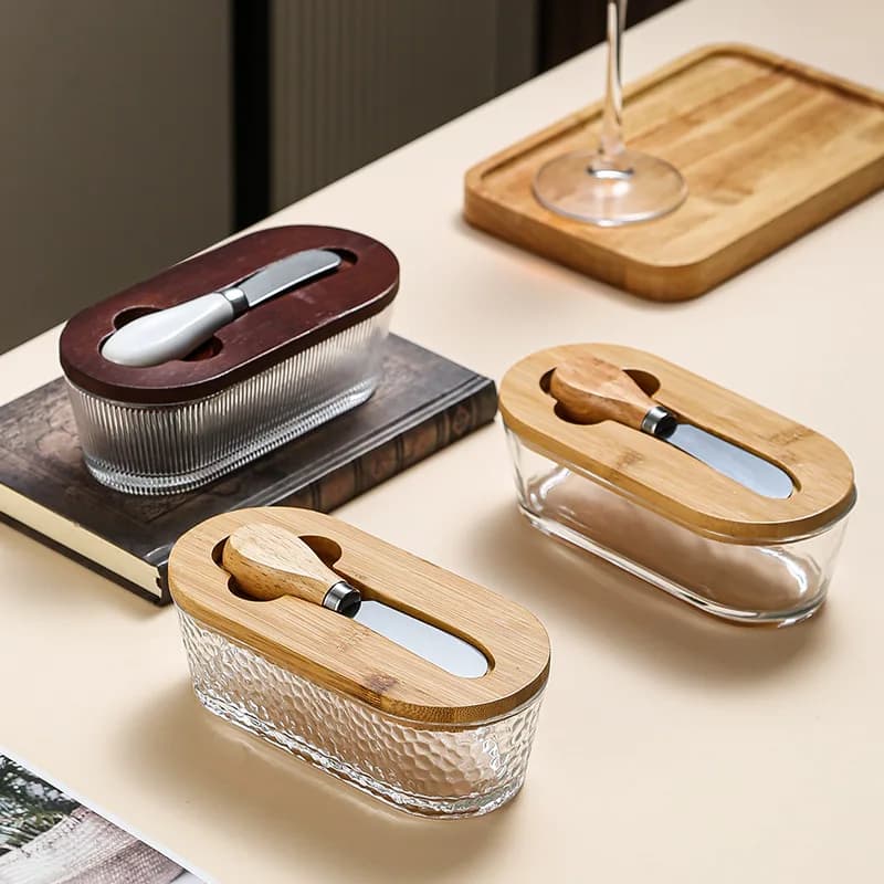 Western-Style Glass Sealed Butter Container Rectangular Home Cheese Box with Lid & Spreader Airtight Storage for Butter Cheeses