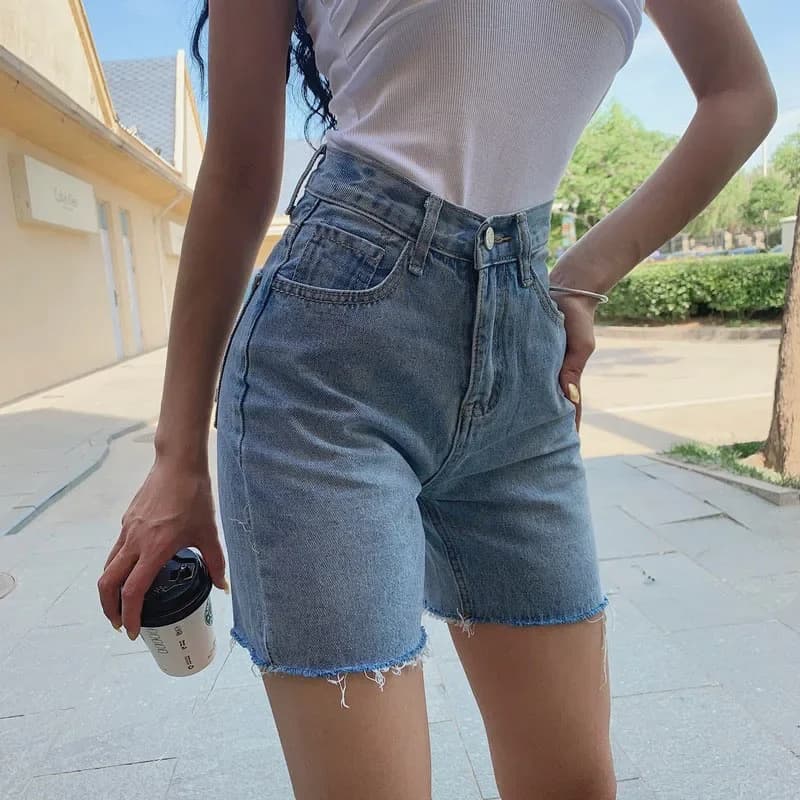 Shorts in denim da donna a vita alta, a gamba larga, con frange, Colore tinta unita, Stile casual streetwear, Jeans dritti e larghi, Moda estiva 2026