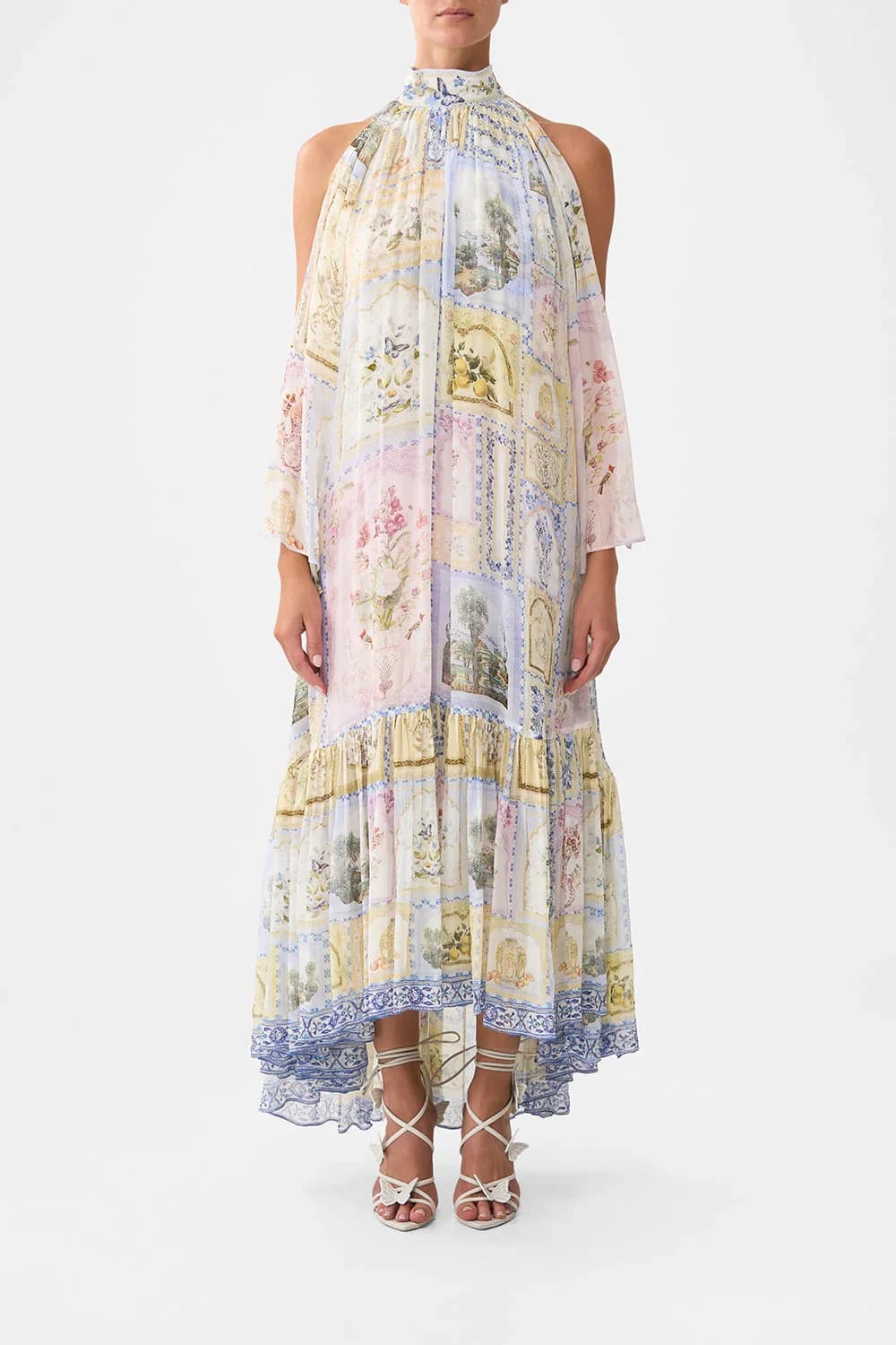 Women's Dress with Butterfly Floral Print, Crystal Beading Ribbon, Korean Collar, Uncovered Sleeve, Elegant Maxi Women's Silk Dress