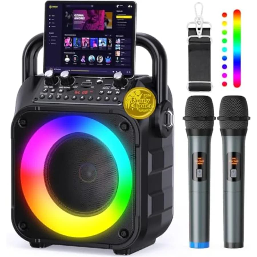Karaoke Machine, Portable Bluetooth Speaker with 2 Wireless Mics for Adults and with LED Lights, Bass/Treble Adjustment, PA Sys