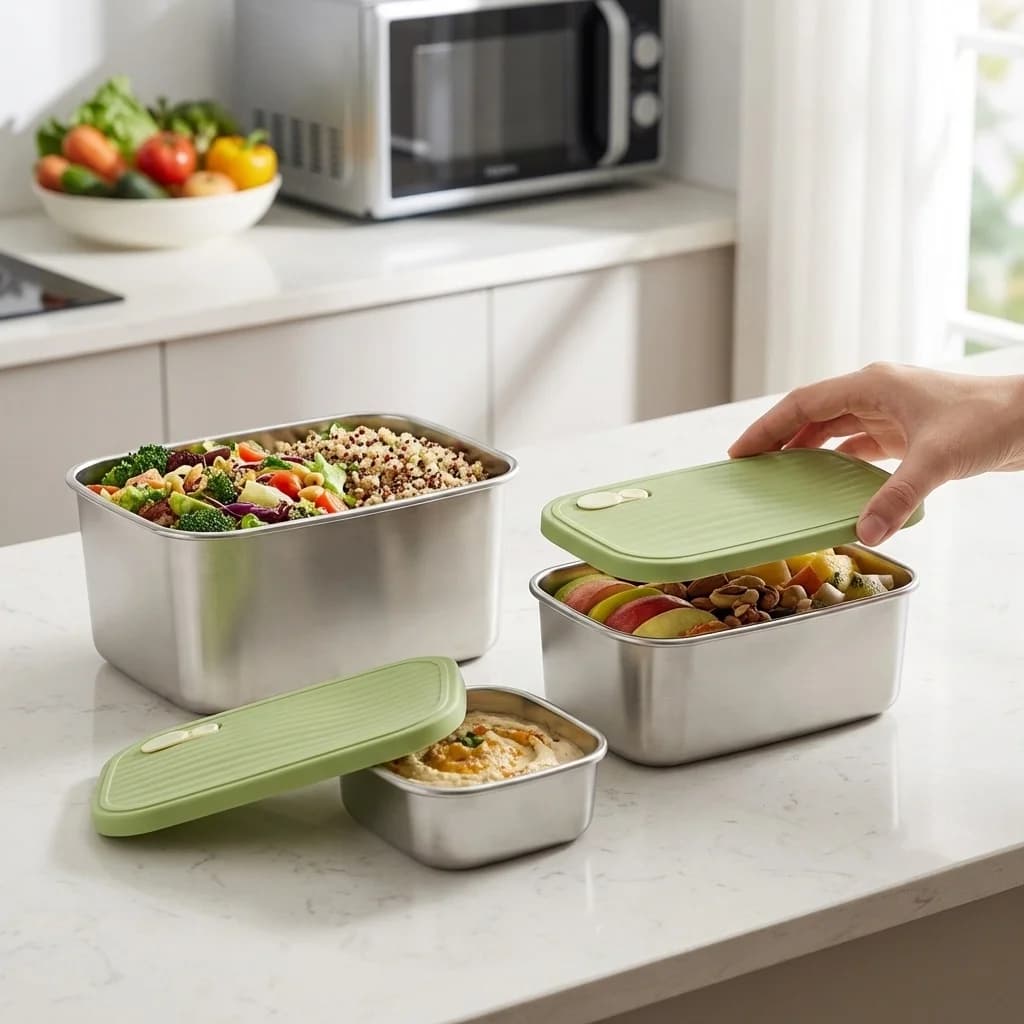 Contenitore per Alimenti in Acciaio Inox 304, Scatola Riutilizzabile per Conservazione Frutta, Verdura e Carne in Frigorifero, Riscaldabile nel Microonde