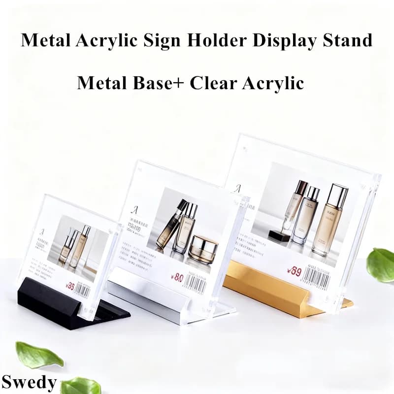 Set di 4 Porta-Cartelli in Alluminio e Acrilico 100x70mm / 120x80mm, Espositore da Tavolo per Menu, Etichette Prezzi e Targhette Nomi