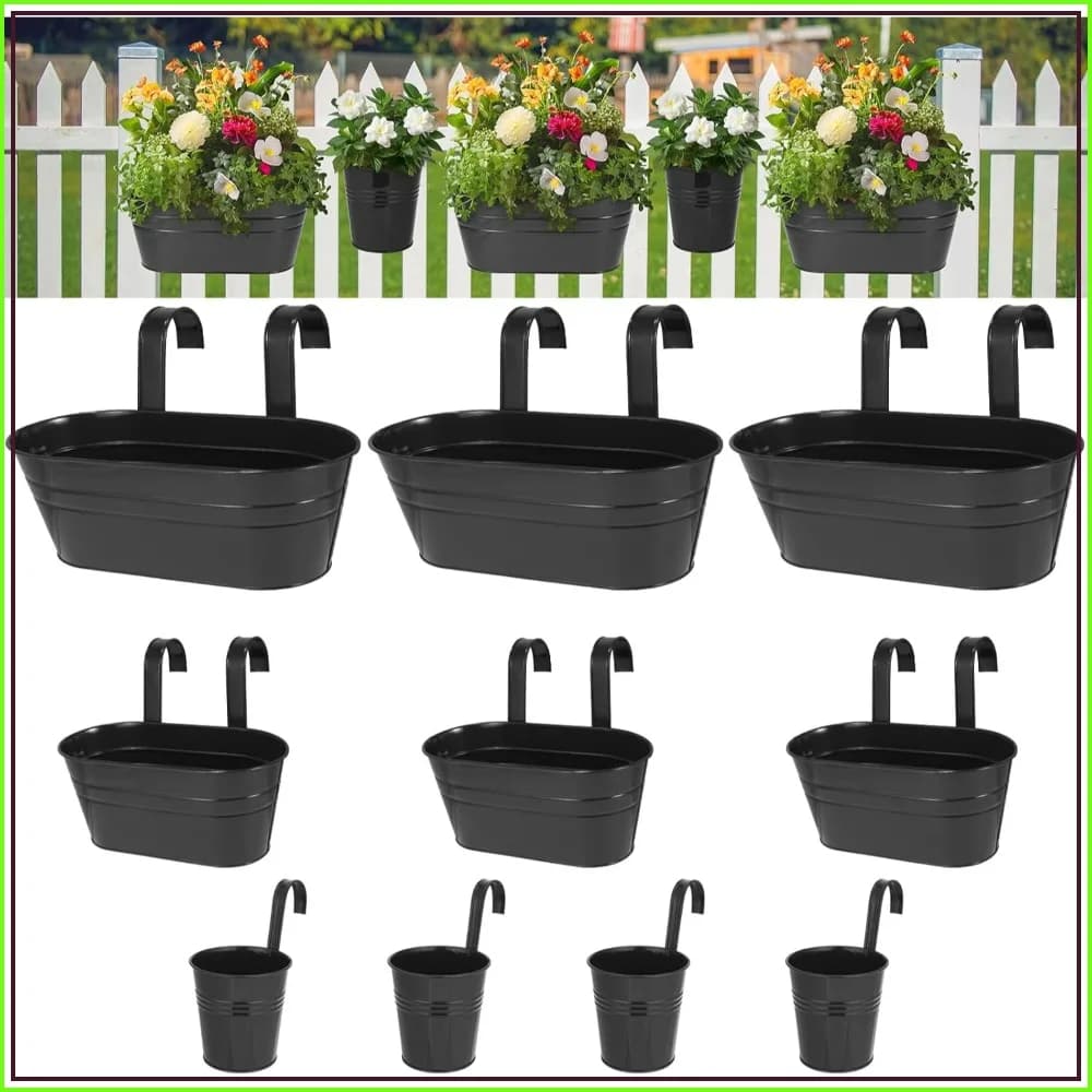 3 Sizes Metal Hanging Flower Pots, 10-Pack for Outdoor Plants, Iron Bucket with Drainage Holes & Hooks for Porch, Balcony, Fence
