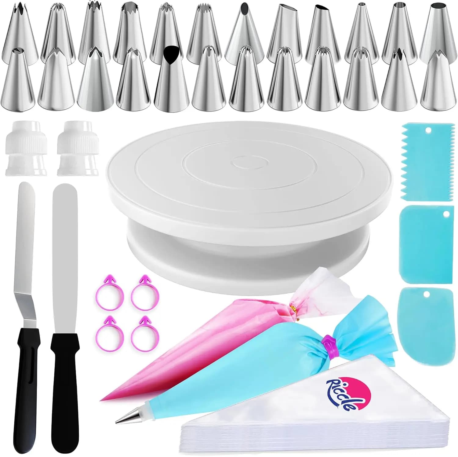 Kit per decorare torte da 88 pezzi con piatto girevole - Include 50 sacchetti e beccucci per decorazione torte usa e getta + 2 sacchetti e beccucci riutilizzabili, 24 beccucci per decorazione torte.