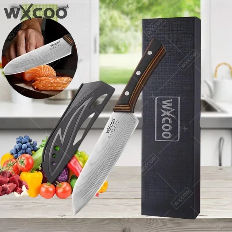 WXCOO Coltello da Cucina Giapponese 7 Pollici in Acciaio Inossidabile Ultra Resistente, Coltello Santoku Professionale con Manico Ergonomico in Legno
