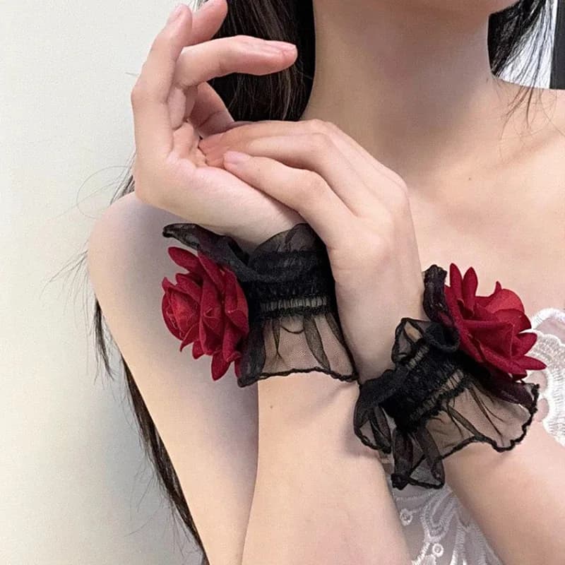 Guanti Corti Lolita con Maniche in Pizzo, Polsini con Fiori di Rosa, Braccialetto Elastico Floreale Arricciato, Accessorio Cosplay per Donne