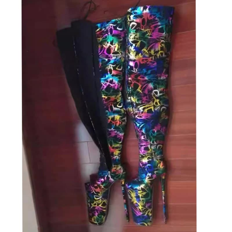 Boots above the knee with extreme plateau with graffiti print Woman Winter 2026 Long disco boots with super high heel 30 cm